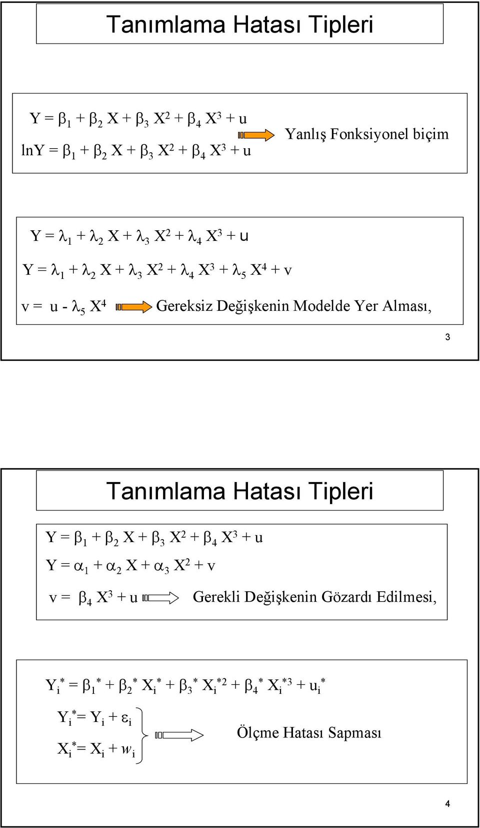 Alması, 3 Tanımlama Hatası Tipleri Y = β 1 + β X + β 3 X + β 4 X 3 + u Y = α 1 + α X + α 3 X + v v = β 4 X 3 + u Gerekli