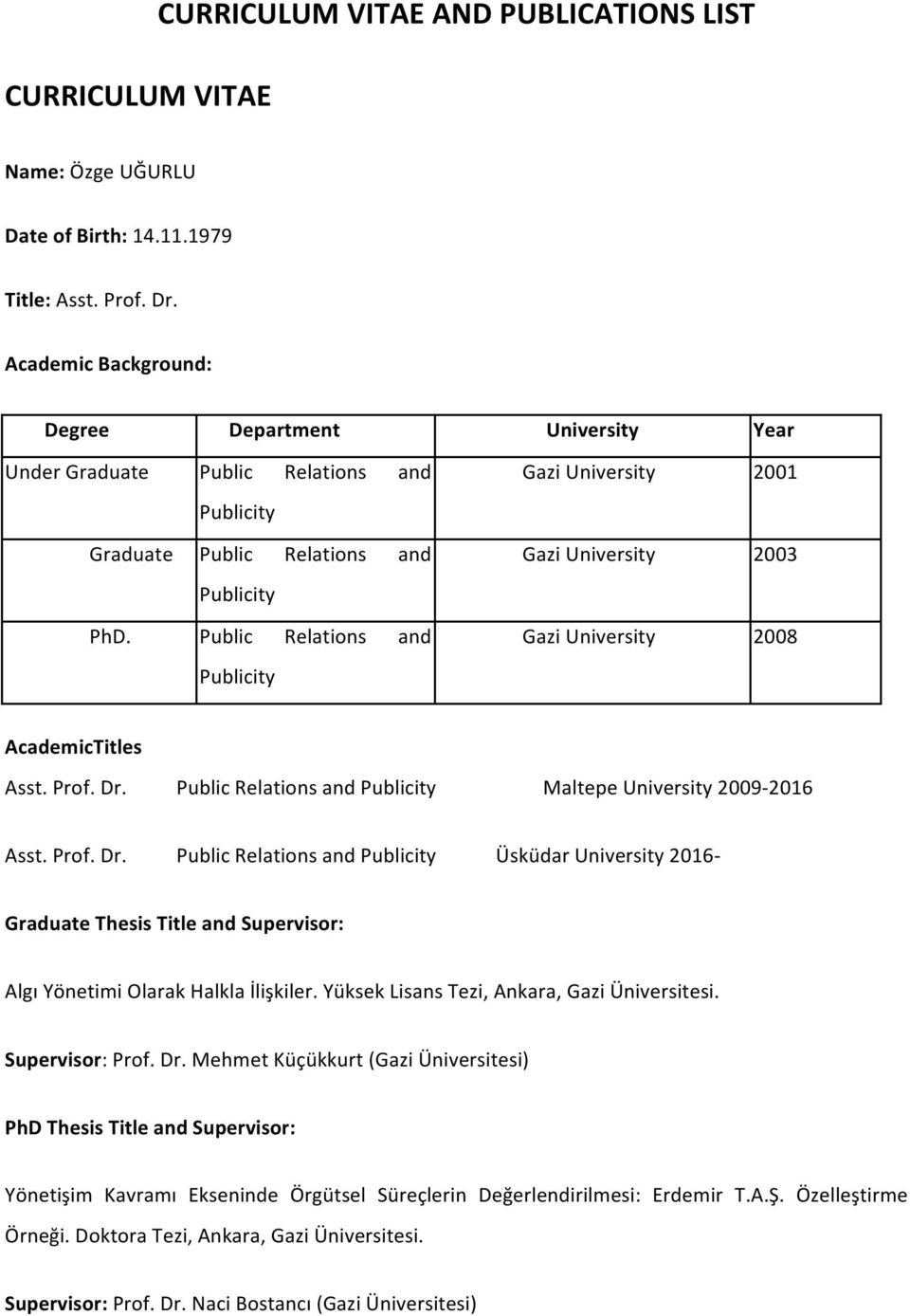 Public Relations and Publicity Gazi University Gazi University Gazi University 2001 2003 2008 AcademicTitles Asst. Prof. Dr.