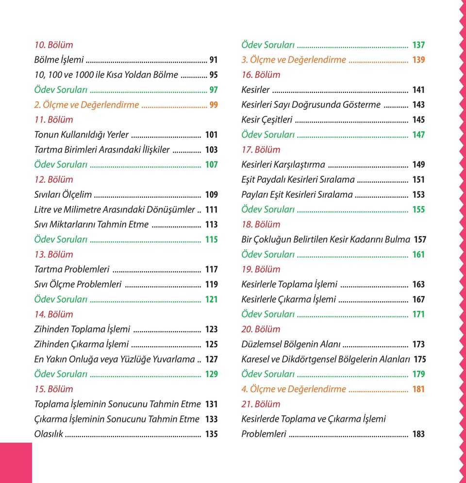 .. 117 Sıvı Ölçme Problemleri... 119 Ödev Soruları... 121 14. ölüm Zihinden Toplama İşlemi... 123 Zihinden Çıkarma İşlemi... 125 n Yakın Onluğa veya Yüzlüğe Yuvarlama... 127 Ödev Soruları... 129 15.