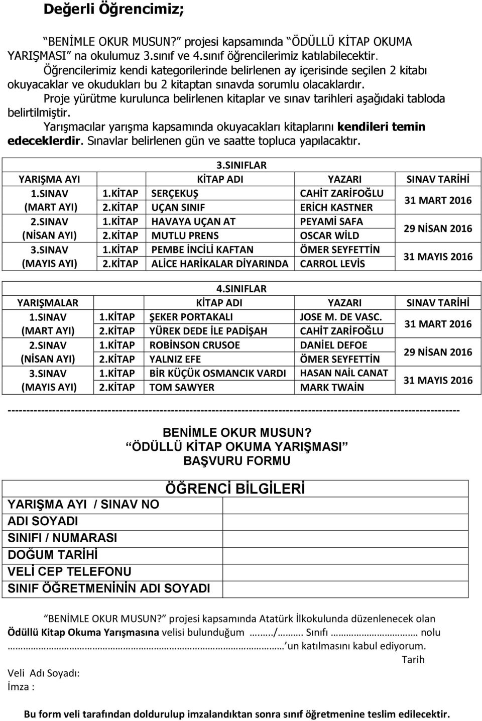 Proje yürütme kurulunca belirlenen kitaplar ve sınav tarihleri aşağıdaki tabloda belirtilmiştir. Yarışmacılar yarışma kapsamında okuyacakları kitaplarını kendileri temin edeceklerdir.