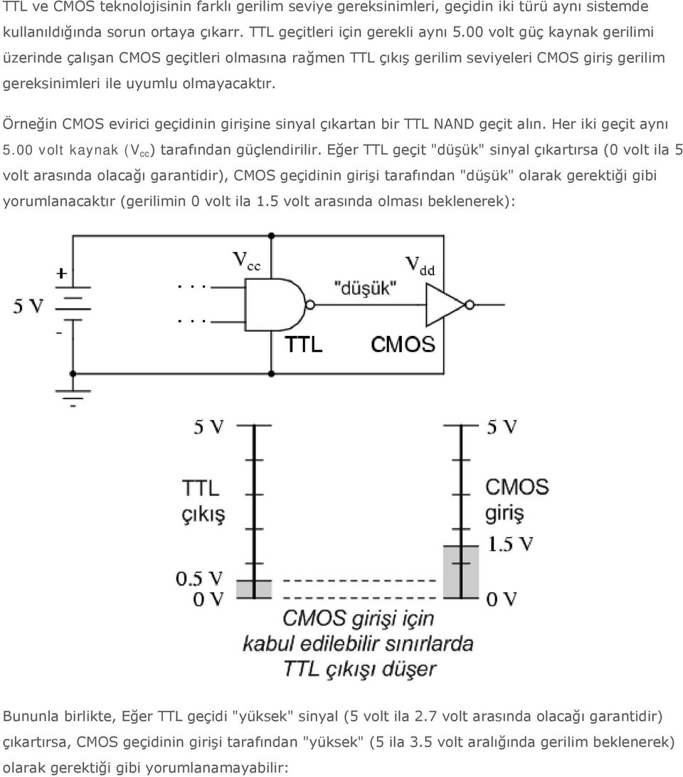 Örneğin CMOS evirici geçidinin girişine sinyal çıkartan bir TTL NAND geçit alın. Her iki geçit aynı 5.00 volt kaynak (V cc ) tarafından güçlendirilir.