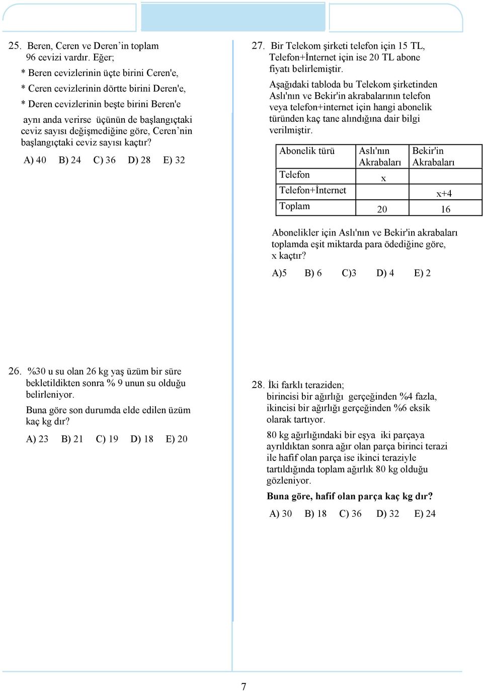 değişmediğine göre, Ceren nin başlangıçtaki ceviz sayısı kaçtır? 40 4 C) 6 D) 8 E) 7. Bir Telekom şirketi telefon için 5 TL, Telefon+İnternet için ise 0 TL abone fiyatı belirlemiştir.