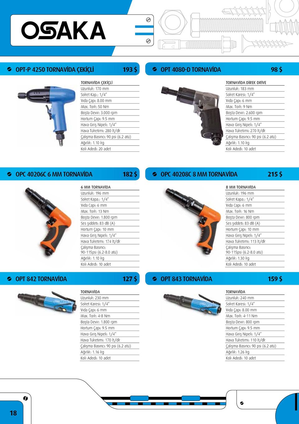 5 mm Hava Tüketimi: 270 lt/dk Ağırlık: 1.10 kg OPC 40206C 6 MM TORNAVİDA 182 $ OPC 40208C 8 MM TORNAVİDA 215 $ 6 MM TORNAVİDA Uzunluk: 196 mm Soket Kapa.: 1/4 Vida Capi: 6 mm Max.