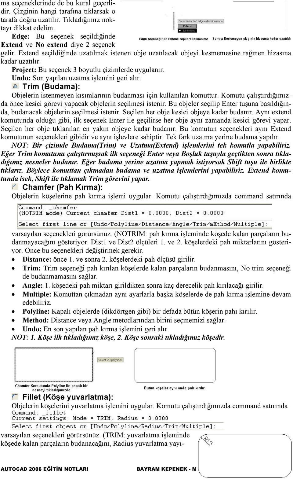 Project: Bu seçenek 3 boyutlu çizimlerde uygulanır. Undo: Son yapılan uzatma işlemini geri alır. Trim (Budama): Objelerin istenmeyen kısımlarının budanması için kullanılan komuttur.