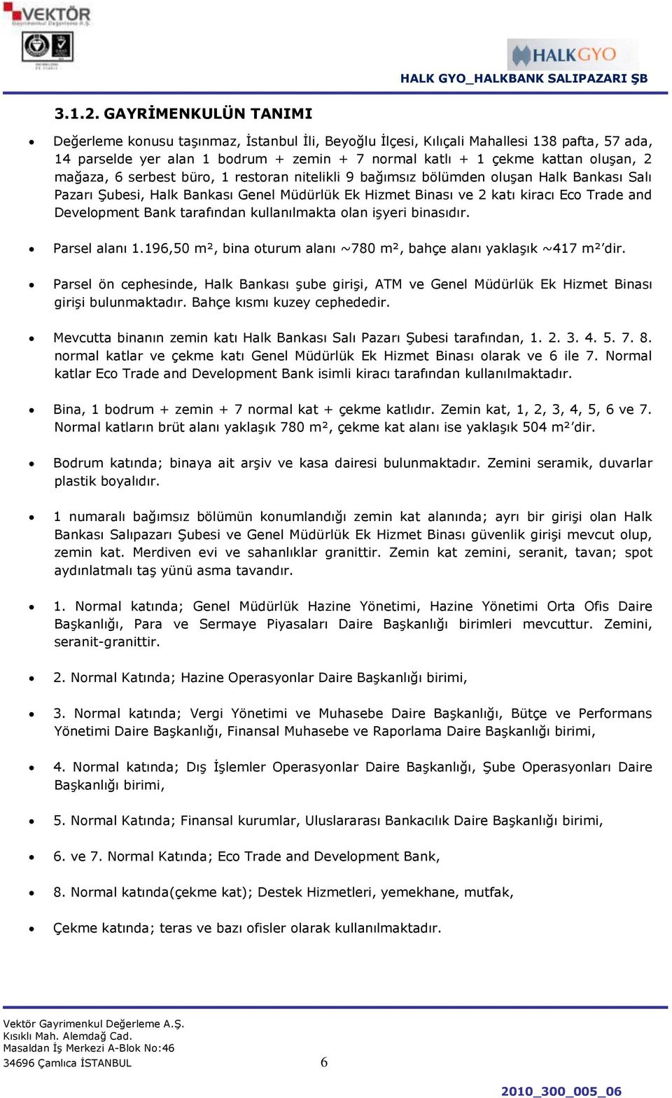 mağaza, 6 serbest büro, 1 restoran nitelikli 9 bağımsız bölümden oluģan Halk Bankası Salı Pazarı ġubesi, Halk Bankası Genel Müdürlük Ek Hizmet Binası ve 2 katı kiracı Eco Trade and Development Bank