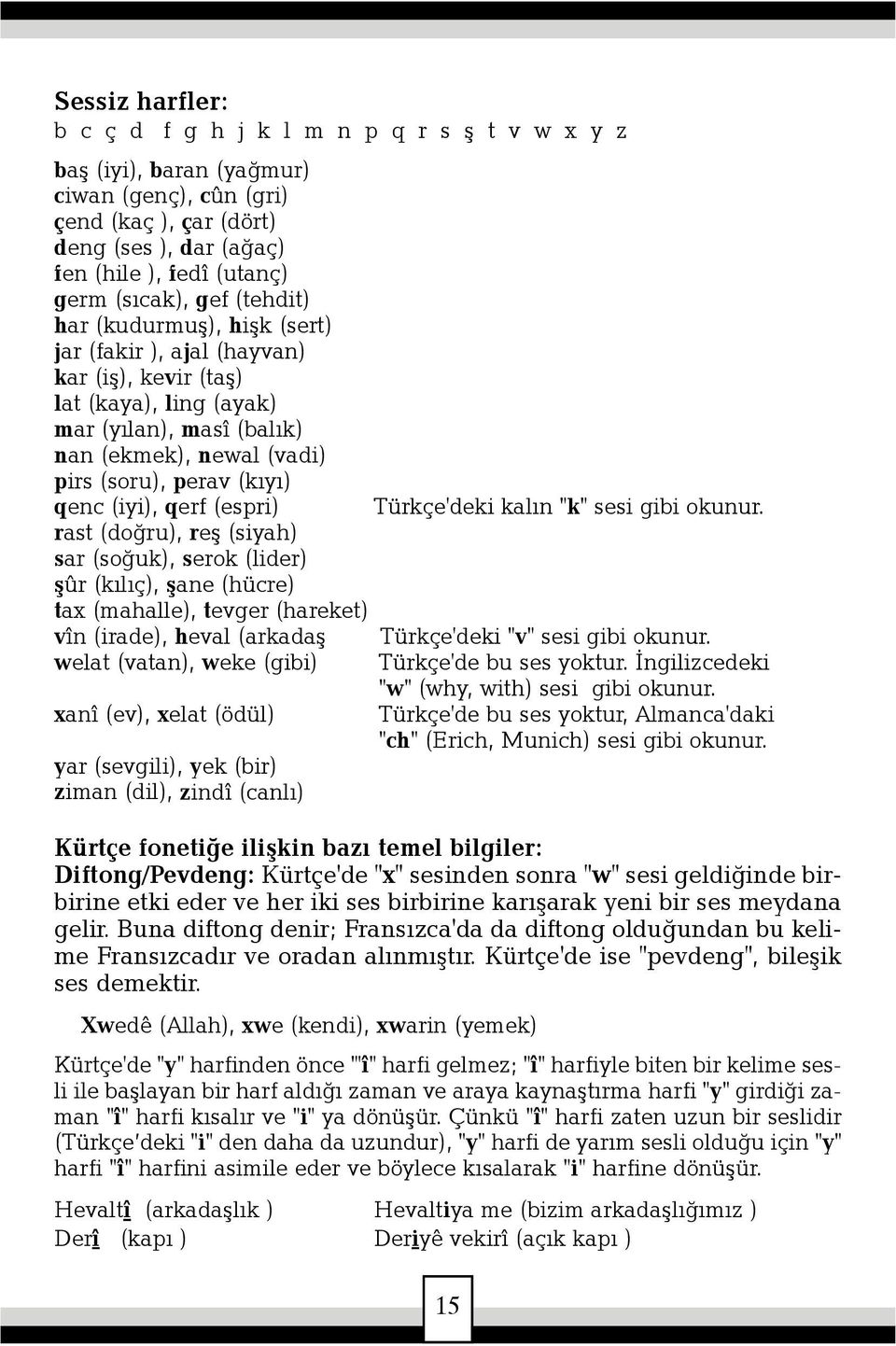 (iyi), qerf (espri) Türkçe'deki kalýn "k" sesi gibi okunur.