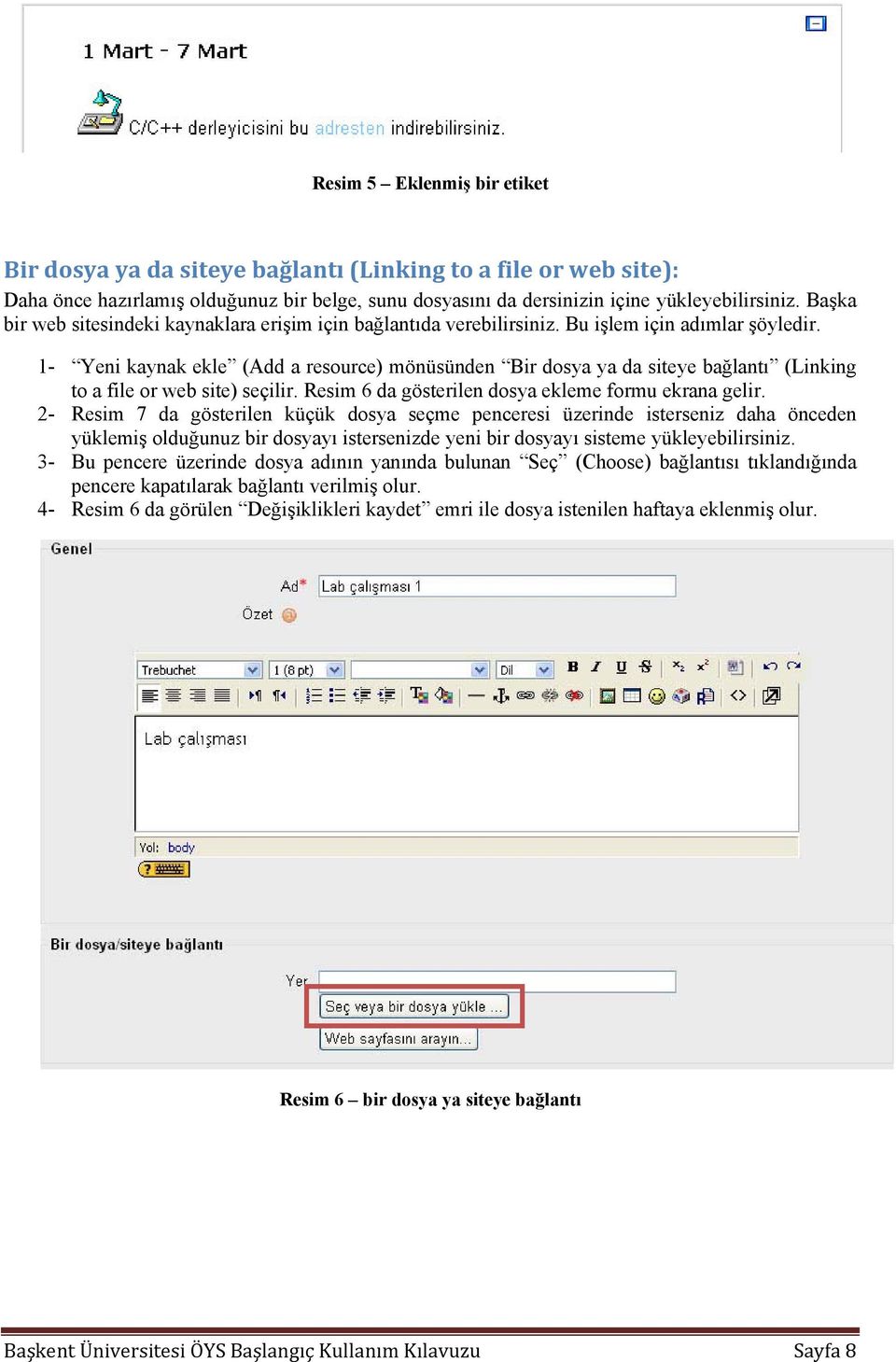 1- Yeni kaynak ekle (Add a resource) mönüsünden Bir dosya ya da siteye bağlantı (Linking to a file or web site) seçilir. Resim 6 da gösterilen dosya ekleme formu ekrana gelir.
