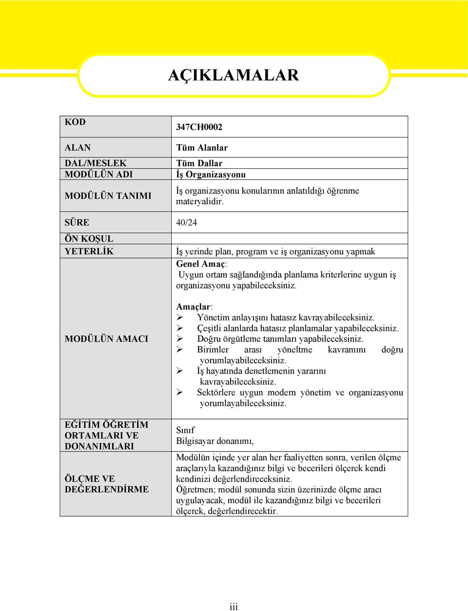 MODÜLÜN AMACI EĞİTİM ÖĞRETİM ORTAMLARI VE DONANIMLARI ÖLÇME VE DEĞERLENDİRME Amaçlar: Yönetim anlayışını hatasız kavrayabileceksiniz. Çeşitli alanlarda hatasız planlamalar yapabileceksiniz.