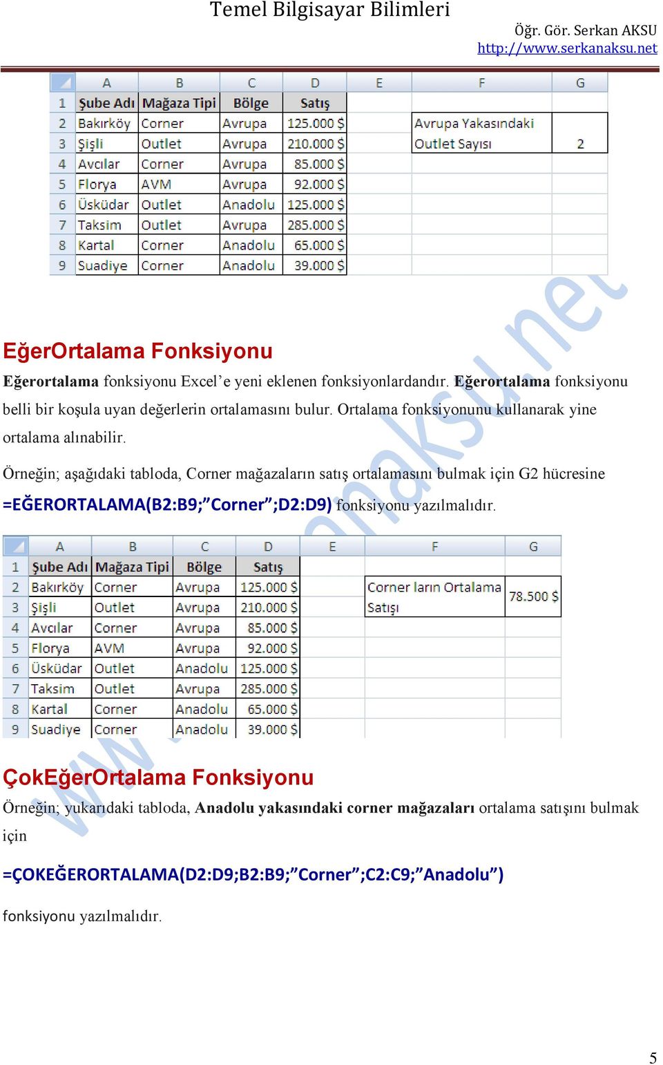 Örneğin; aşağıdaki tabloda, Corner mağazaların satış ortalamasını bulmak için G2 hücresine =EĞERORTALAMA(B2:B9; Corner ;D2:D9) fonksiyonu