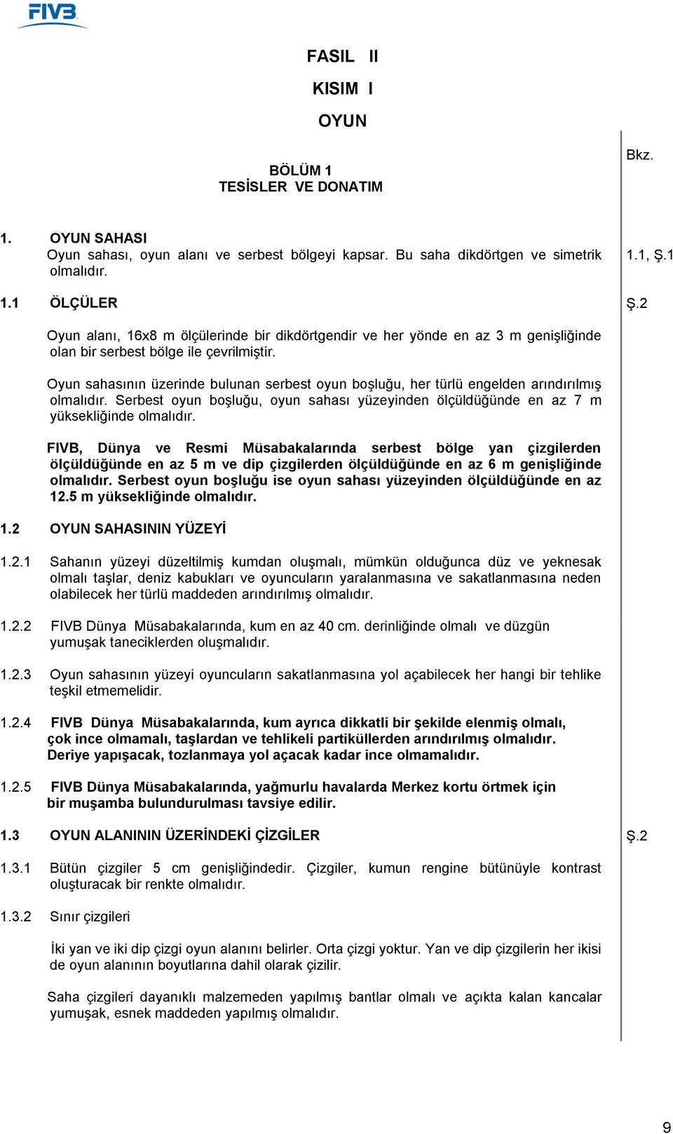 Oyun sahasının üzerinde bulunan serbest oyun boşluğu, her türlü engelden arındırılmış olmalıdır. Serbest oyun boşluğu, oyun sahası yüzeyinden ölçüldüğünde en az 7 m yüksekliğinde olmalıdır.