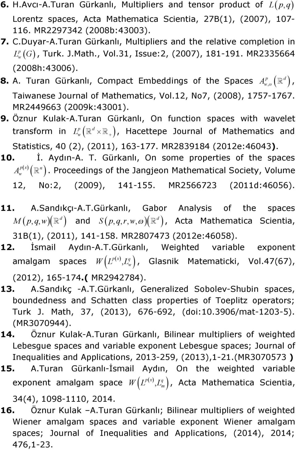 8. A. Turan Gürkanlı, Compact Embeings of the Spaces p, Taianese Journal of Mathematics, Vol.12, No7, (2008), 1757-1767. MR2449663 (2009k:43001). 9. Öznur Kulak-A.