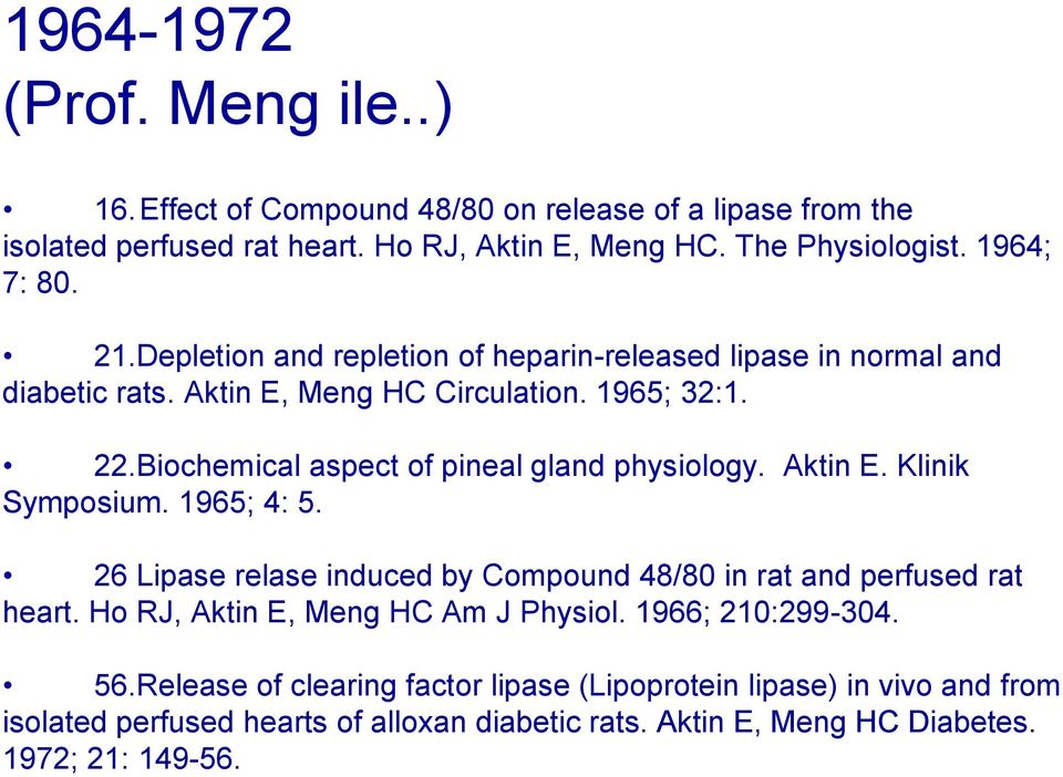 Biochemical aspect of pineal gland physiology. Aktin E. Klinik Symposium. 1965; 4: 5. 26 Lipase relase induced by Compound 48/80 in rat and perfused rat heart.