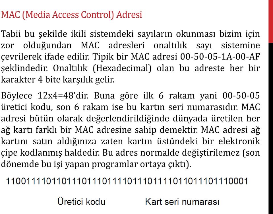 Buna göre ilk 6 rakam yani 00-50-05 üretici kodu, son 6 rakam ise bu kartın seri numarasıdır.