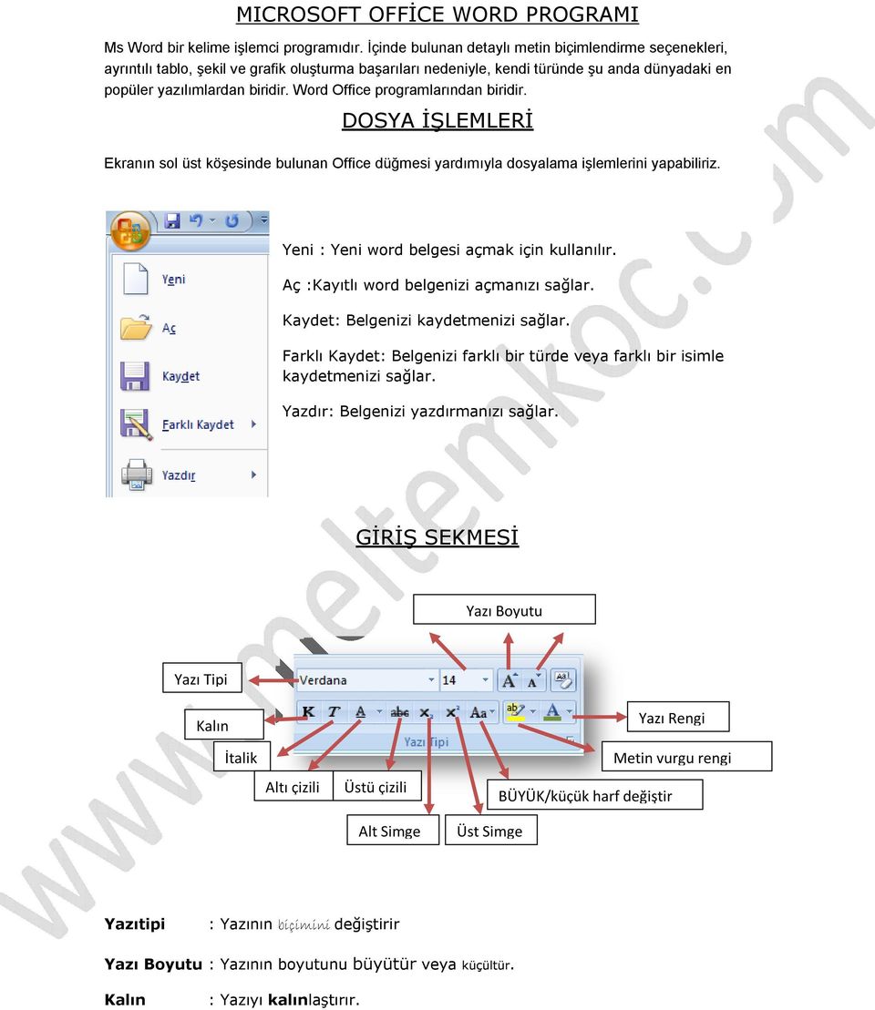 Word Office programlarından biridir. DOSYA İŞLEMLERİ Ekranın sol üst köşesinde bulunan Office düğmesi yardımıyla dosyalama işlemlerini yapabiliriz. Yeni : Yeni word belgesi açmak için kullanılır.