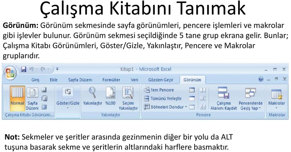 Bunlar; Çalışma Kitabı Görünümleri, Göster/Gizle, Yakınlaştır, Pencere ve Makrolar gruplarıdır.