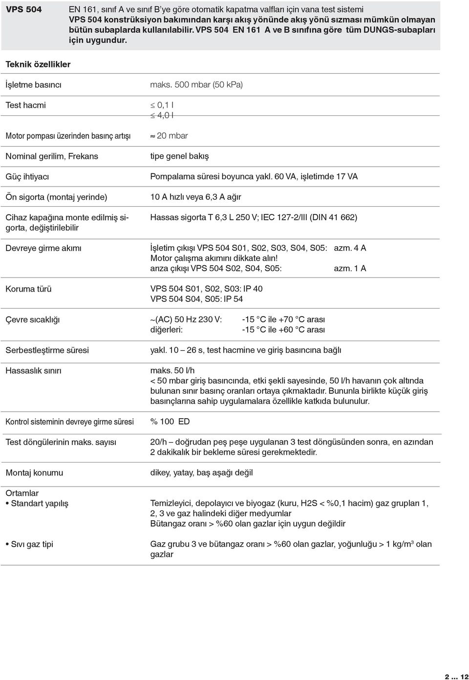 Teknik özellikler İşletme basıncı Test hacmi Motor pomsı üzerinden basınç artışı Nominal gerilim, Frekans Güç ihtiyacı Ön sigorta (montaj yerinde) Cihaz kağına monte edilmiş sigorta, değiştirilebilir