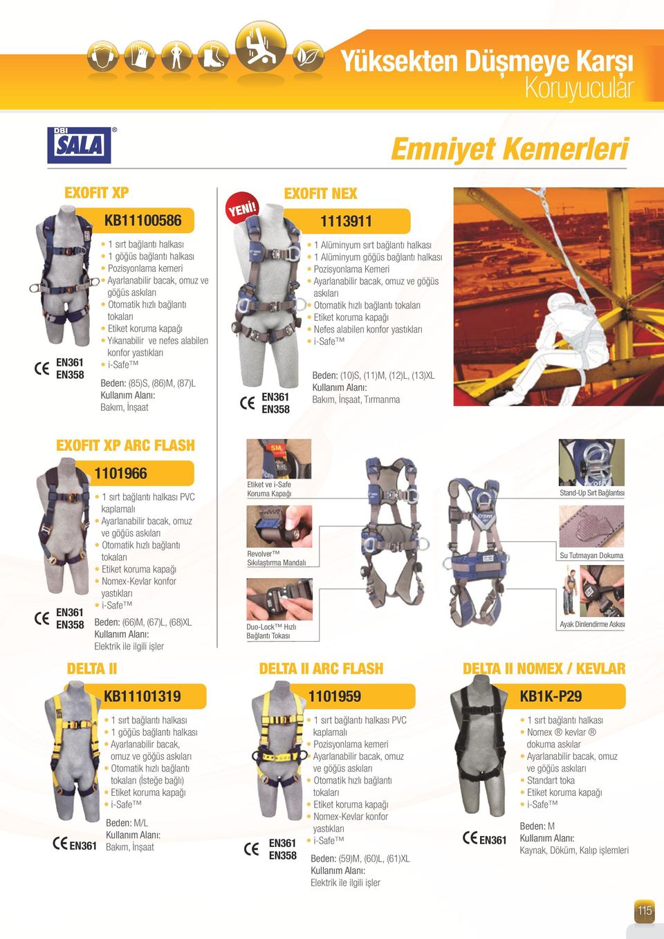 askıları Otomatik hızlı bağlantı tokaları Nefes alabilen konfor yastıkları i-safe EN358 Beden: (10)S, (11)M, (12)L, (13)XL, Tırmanma EXOFIT XP ARC FLASH 1101966 PVC kaplamalı omuz Otomatik hızlı