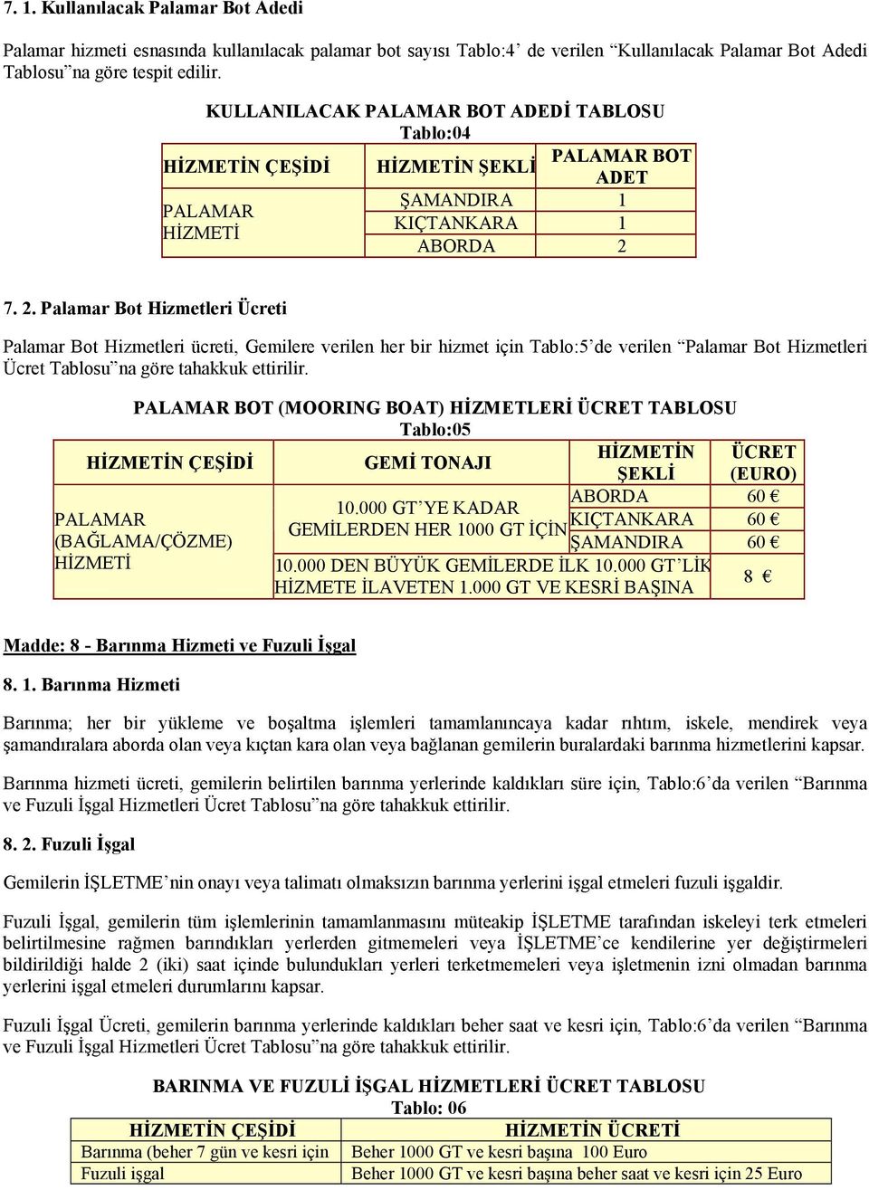 7. 2. Palamar Bot Hizmetleri Ücreti Palamar Bot Hizmetleri ücreti, Gemilere verilen her bir hizmet için Tablo:5 de verilen Palamar Bot Hizmetleri Ücret Tablosu na göre tahakkuk ettirilir.