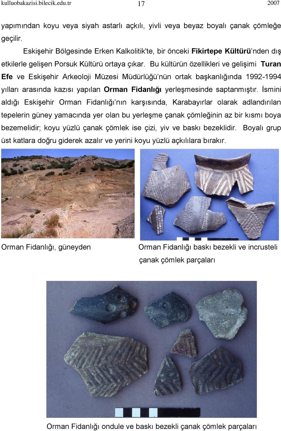 Bu kültürün özellikleri ve gelişimi Turan Efe ve Eskişehir Arkeoloji Müzesi Müdürlüğü nün ortak başkanlığında 1992-1994 yılları arasında kazısı yapılan Orman Fidanlığı yerleşmesinde saptanmıştır.