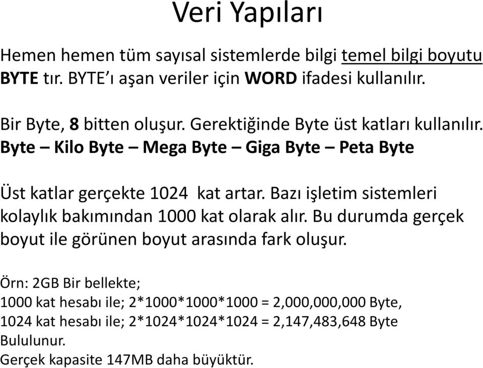 Bazı işletim sistemleri kolaylık bakımından 1000 kat olarak alır. Bu durumda gerçek boyut ile görünen boyut arasında fark oluşur.