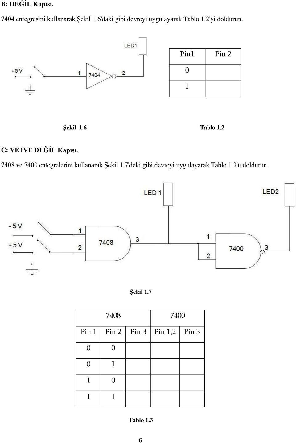 6 Tablo 1.2 C: VE+VE DEĞİL Kapısı. 7408 ve 7400 entegrelerini kullanarak Şekil 1.