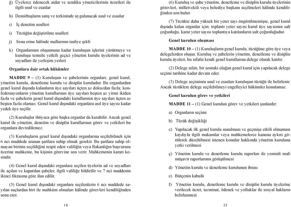 soyadları ile yerleşim yerleri Organlara dair ortak hükümler MADDE 9 (1) Kuruluşun ve şubelerinin organları; genel kurul, yönetim kurulu, denetleme kurulu ve disiplin kuruludur.