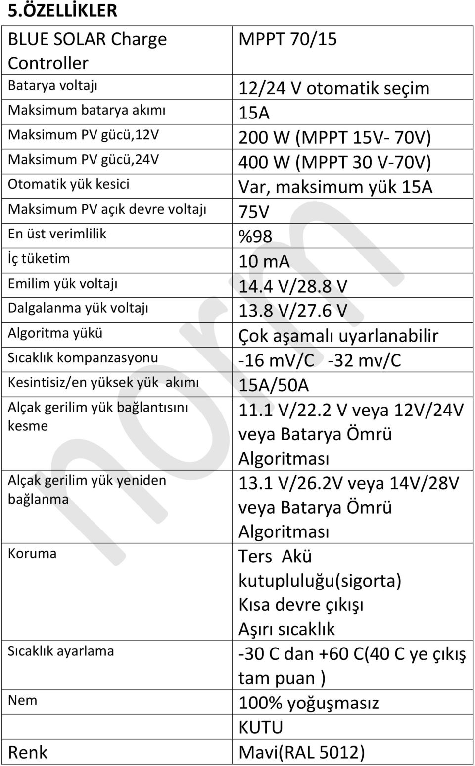 6 V Algoritma yükü Çok aşamalı uyarlanabilir Sıcaklık kompanzasyonu -16 mv/c -32 mv/c Kesintisiz/en yüksek yük akımı 15A/50A Alçak gerilim yük bağlantısını 11.1 V/22.