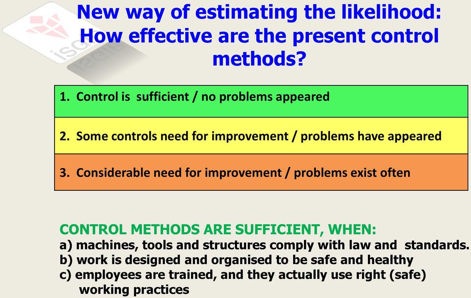 Considerable need for improvement / problems exist often CONTROL METHODS ARE SUFFICIENT, WHEN: a) machines, tools and
