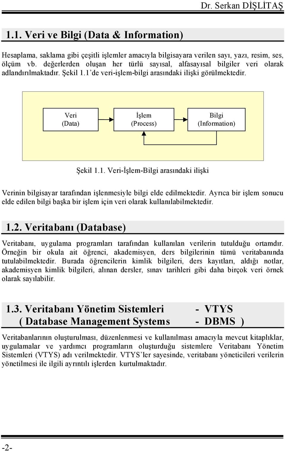 Veri (Data) İşlem (Process) Bilgi (Information) Şekil 1.1. Veri-İşlem-Bilgi arasındaki ilişki Verinin bilgisayar tarafından işlenmesiyle bilgi elde edilmektedir.