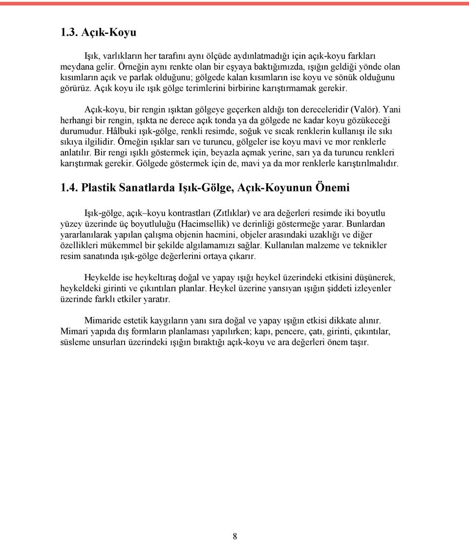 Açık koyu ile ışık gölge terimlerini birbirine karıştırmamak gerekir. Açık-koyu, bir rengin ışıktan gölgeye geçerken aldığı ton dereceleridir (Valör).