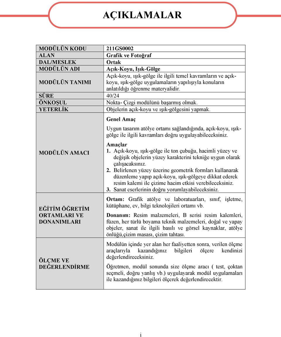 MODÜLÜN AMACI EĞİTİM ÖĞRETİM ORTAMLARI VE DONANIMLARI ÖLÇME VE DEĞERLENDİRME AÇIKLAMALAR Genel Amaç Uygun tasarım atölye ortamı sağlandığında, açık-koyu, ışıkgölge ile ilgili kavramları doğru