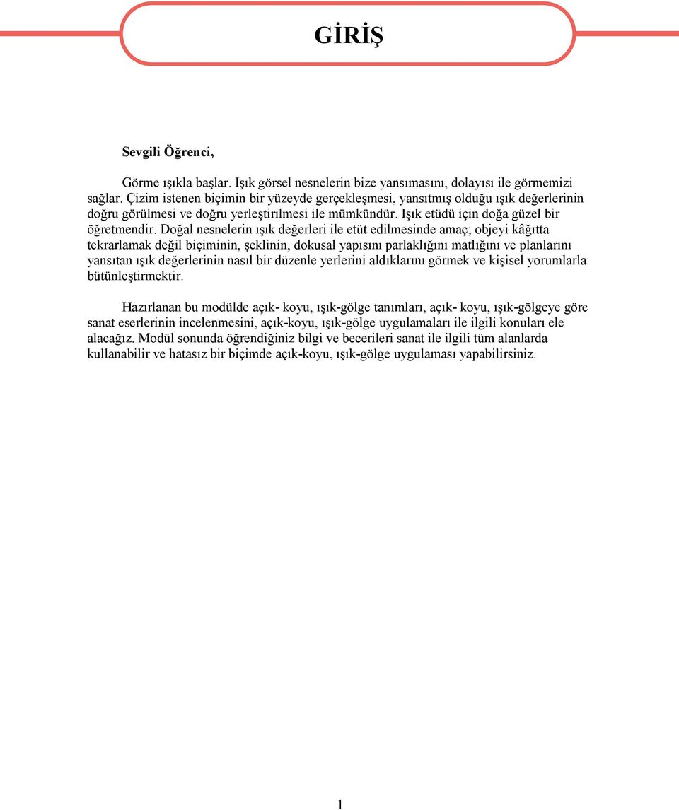 Doğal nesnelerin ışık değerleri ile etüt edilmesinde amaç; objeyi kâğıtta tekrarlamak değil biçiminin, şeklinin, dokusal yapısını parlaklığını matlığını ve planlarını yansıtan ışık değerlerinin nasıl