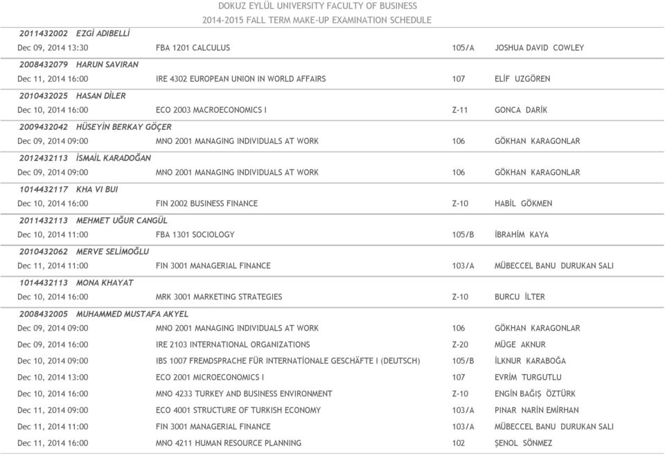 2012432113 İSMAİL KARADOĞAN Dec 09, 2014 09:00 MNO 2001 MANAGING INDIVIDUALS AT WORK 106 GÖKHAN KARAGONLAR 1014432117 KHA VI BUI Dec 10, 2014 16:00 FIN 2002 BUSINESS FINANCE Z-10 HABİL GÖKMEN