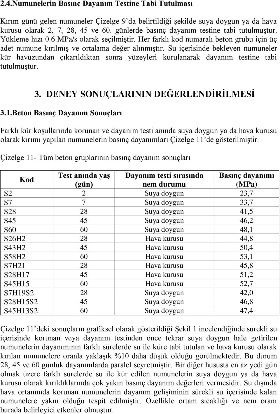 Su içerisinde bekleyen numuneler kür havuzundan çıkarıldıktan sonra yüzeyleri kurulanarak dayanım testine tabi tutulmuştur. 3. DENEY SONUÇLARININ DEĞERLENDİRİLMESİ 3.1.