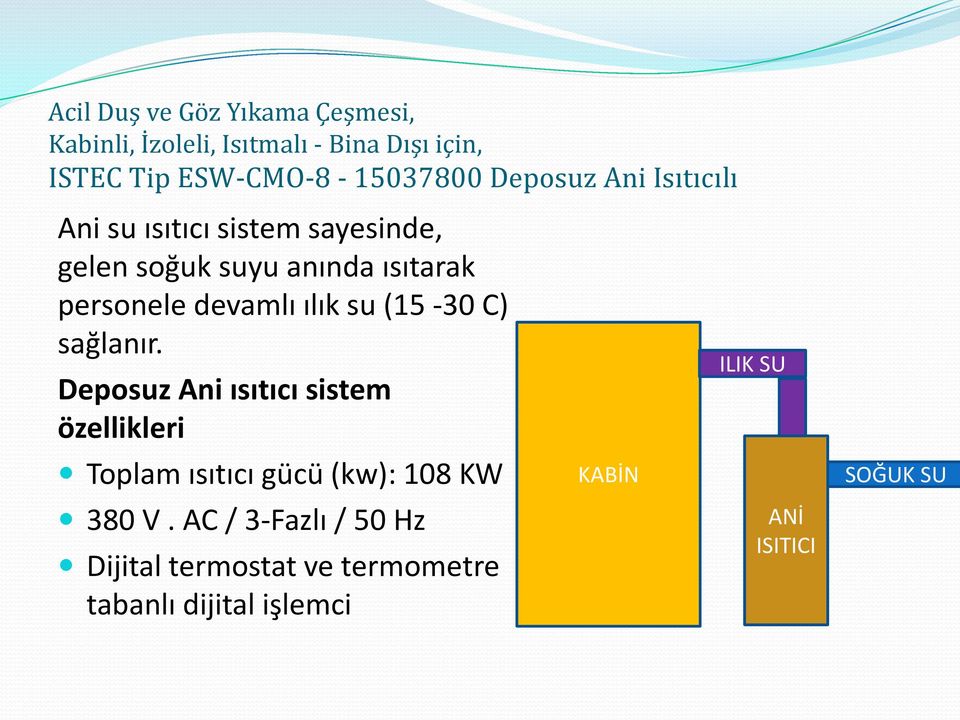 ılık su (15-30 C) sağlanır. Deposuz Ani ısıtıcı sistem özellikleri Toplam ısıtıcı gücü (kw): 108 KW 380 V.