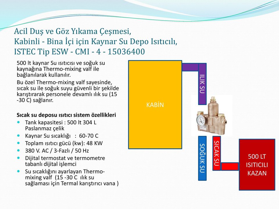 KABİN ILIK SU Sıcak su deposu ısıtıcı sistem özellikleri Tank kapasitesi : 500 lt 304 L Paslanmaz çelik Kaynar Su sıcaklığı : 60-70 C Toplam ısıtıcı gücü (kw): 48 KW 380 V.