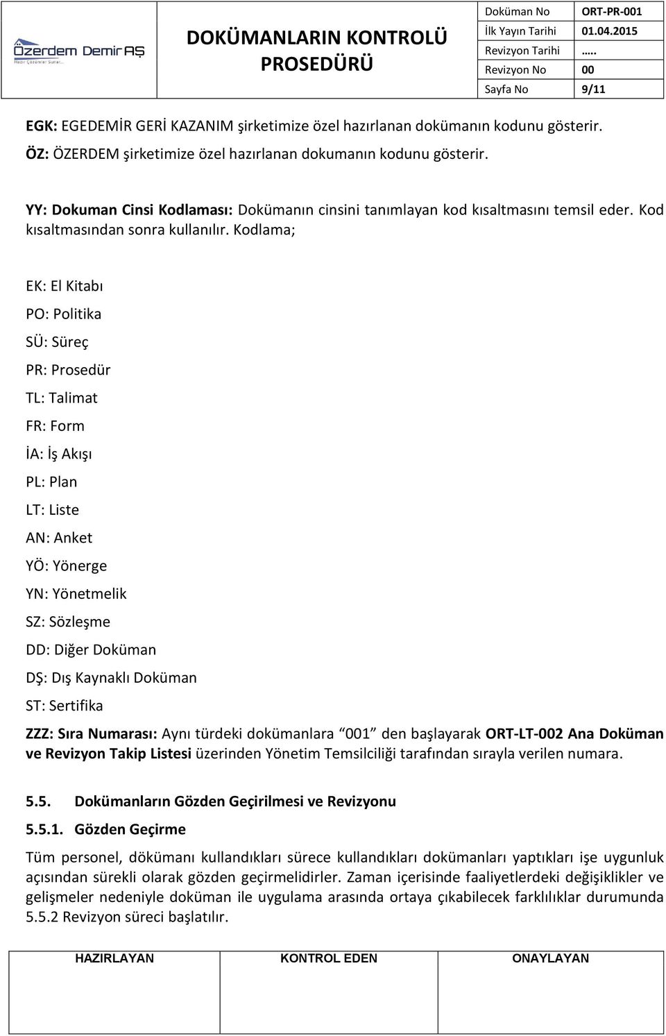 Kodlama; EK: El Kitabı PO: Politika SÜ: Süreç PR: Prosedür TL: Talimat FR: Form İA: İş Akışı PL: Plan LT: Liste AN: Anket YÖ: Yönerge YN: Yönetmelik SZ: Sözleşme DD: Diğer Doküman DŞ: Dış Kaynaklı