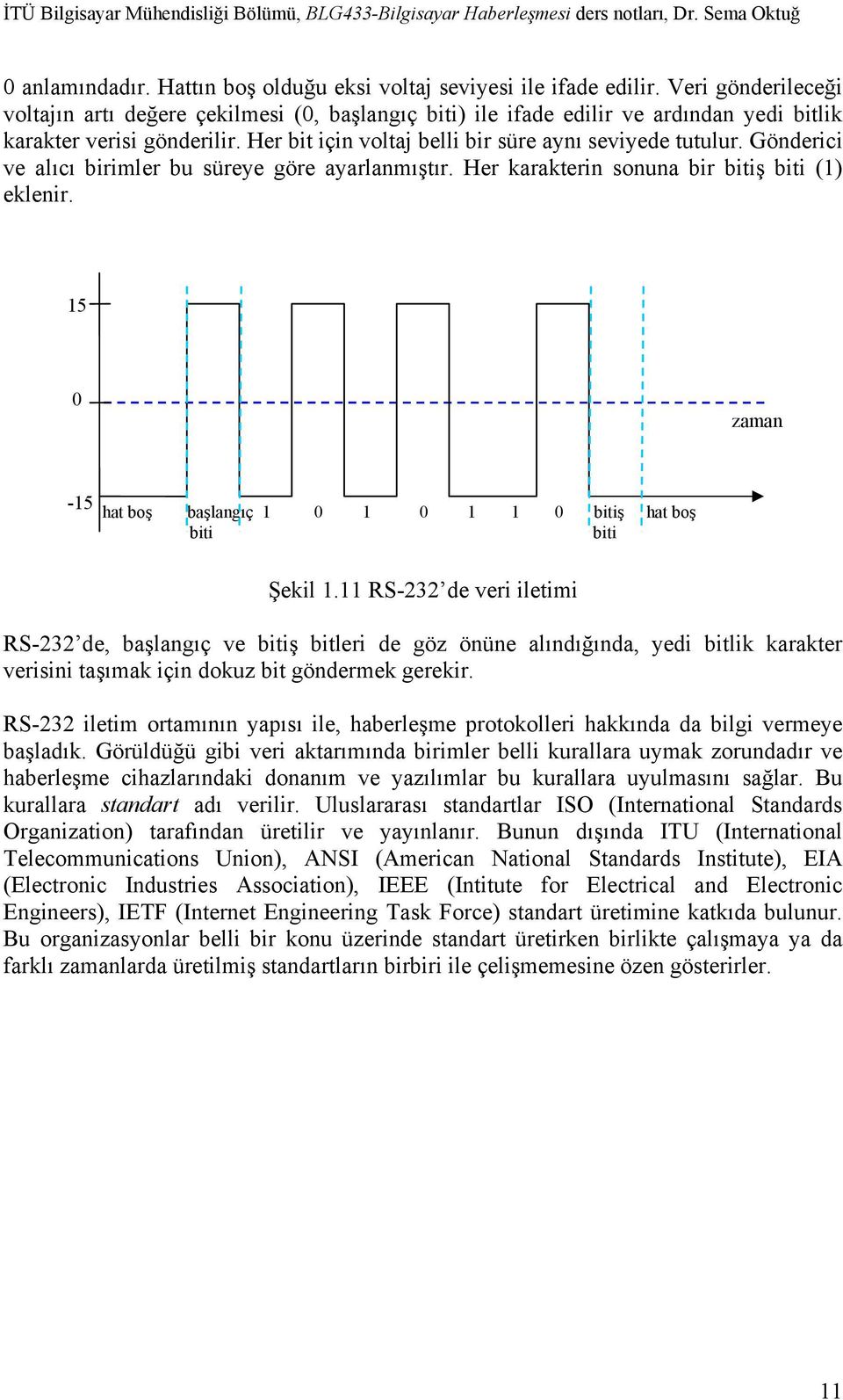 Gönderici ve alıcı birimler bu süreye göre ayarlanmıştır. Her karakterin sonuna bir bitiş biti (1) eklenir. 15 0 zaman -15 hat boş başlangıç 1 0 1 0 1 1 0 bitiş hat boş biti biti Şekil 1.