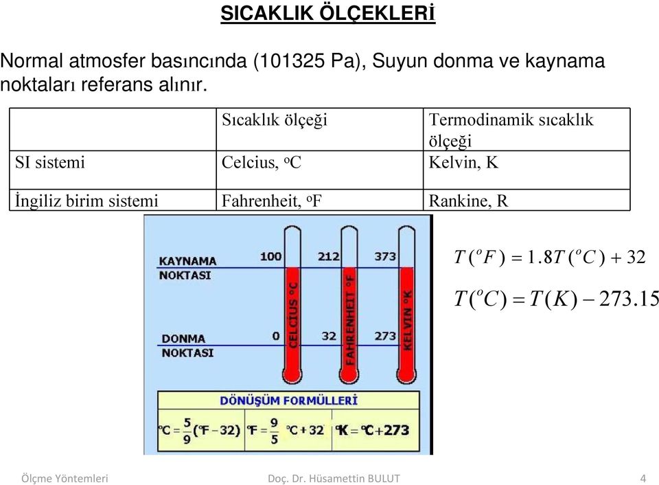 Sıcaklık ölçeği Termodinamik sıcaklık ölçeği SI sistemi Celcius, o C Kelvin, K