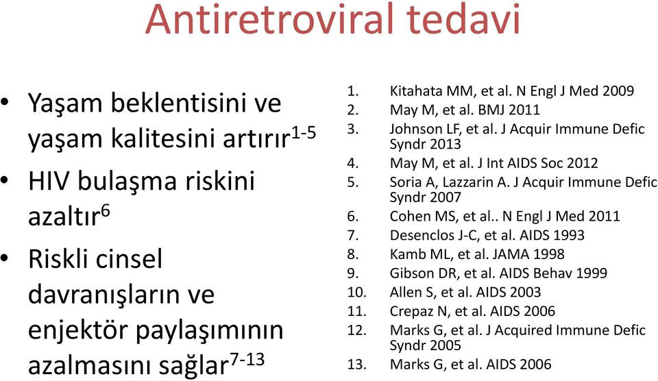 Soria A, Lazzarin A. J Acquir Immune Defic Syndr 2007 6. Cohen MS, et al.. N Engl J Med 2011 7. Desenclos J-C, et al. AIDS 1993 8. Kamb ML, et al. JAMA 1998 9.