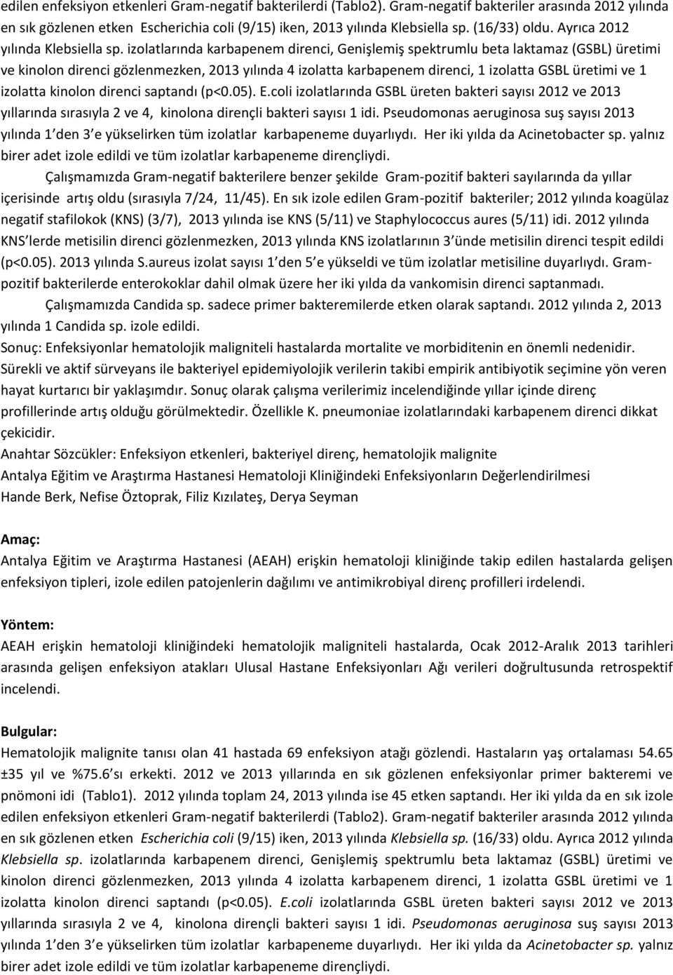 izolatlarında karbapenem direnci, Genişlemiş spektrumlu beta laktamaz (GSBL) üretimi ve kinolon direnci gözlenmezken, 201 yılında 4 izolatta karbapenem direnci, 1 izolatta GSBL üretimi ve 1 izolatta