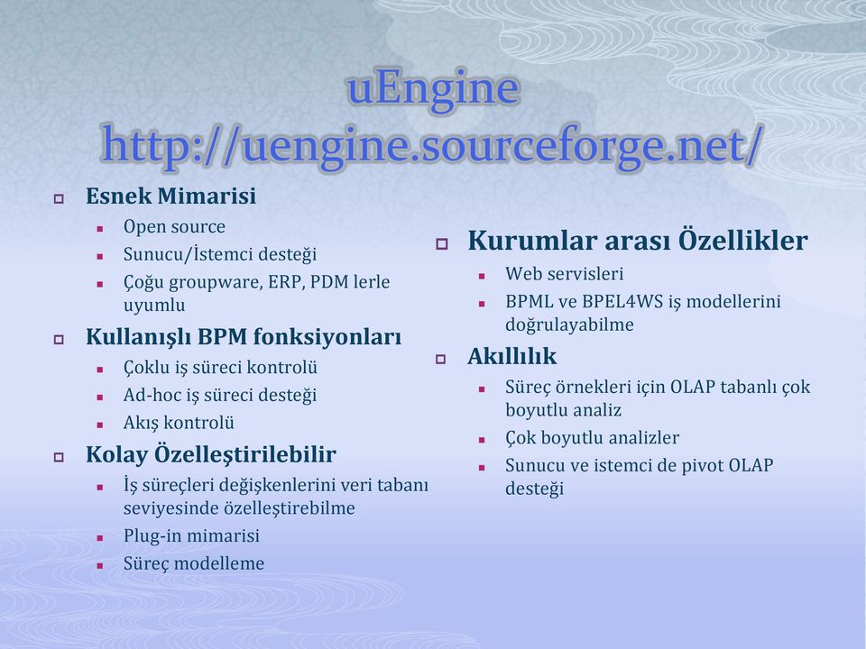 kontrolü Ad-hoc iş süreci desteği Akış kontrolü Kolay Özelleştirilebilir İş süreçleri değişkenlerini veri tabanı seviyesinde