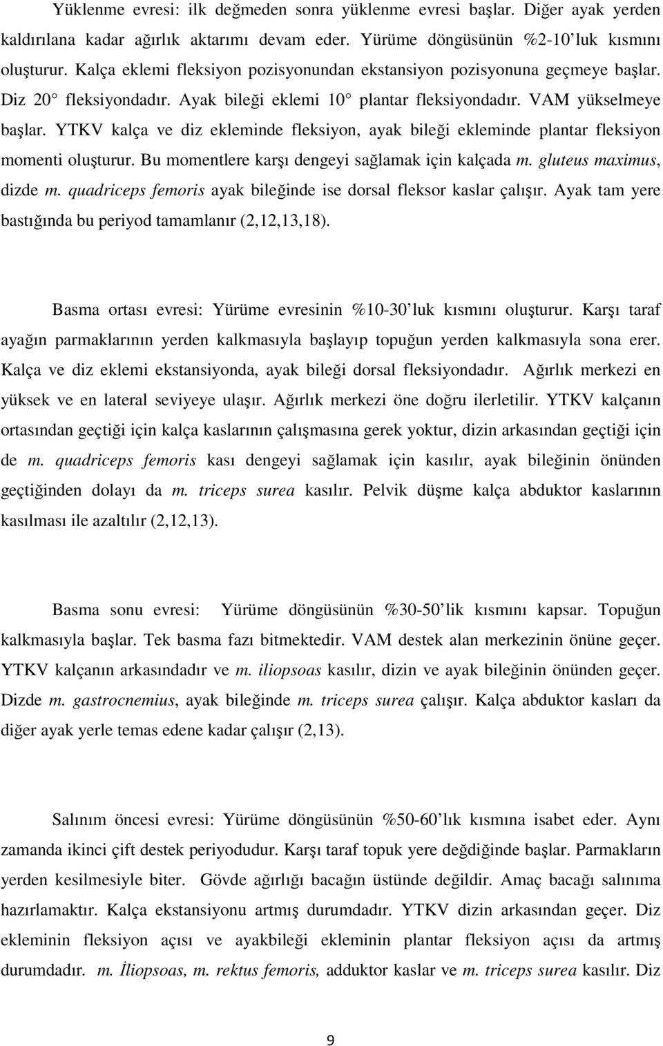 YTKV kalça ve diz ekleminde fleksiyon, ayak bileği ekleminde plantar fleksiyon momenti oluşturur. Bu momentlere karşı dengeyi sağlamak için kalçada m. gluteus maximus, dizde m.