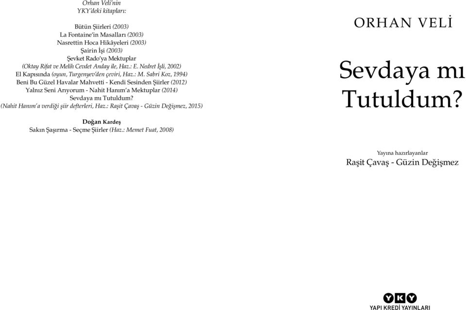 Sabri Koz, 1994) Beni Bu Güzel Havalar Mahvetti - Kendi Sesinden Şiirler (2012) Yalnız Seni Arıyorum - Nahit Hanım a Mektuplar (2014) Sevdaya mı Tutuldum?