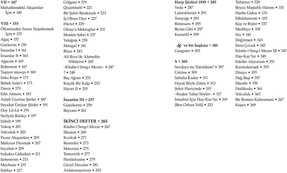 Seyahat 209 Sokakta Giderken 211 Şaheserim 213 Meyhane 215 İntihar 217 Gölgem 219 Quantitatif 221 Bir Şehri Bırakmak 223 İş Olsun Diye 227 Hicret 229 Oktay a Mektuplar 231 Montör Sabri 237 Yatağım