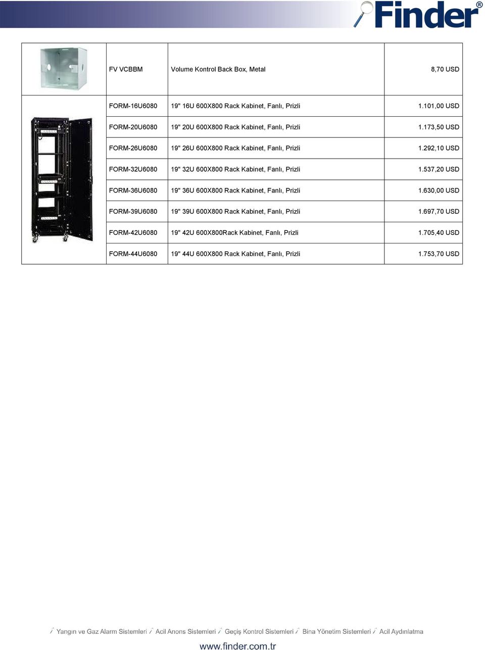 292,10 USD FORM-32U6080 19" 32U 600X800 Rack Kabinet, Fanlı, Prizli 1.537,20 USD FORM-36U6080 19" 36U 600X800 Rack Kabinet, Fanlı, Prizli 1.