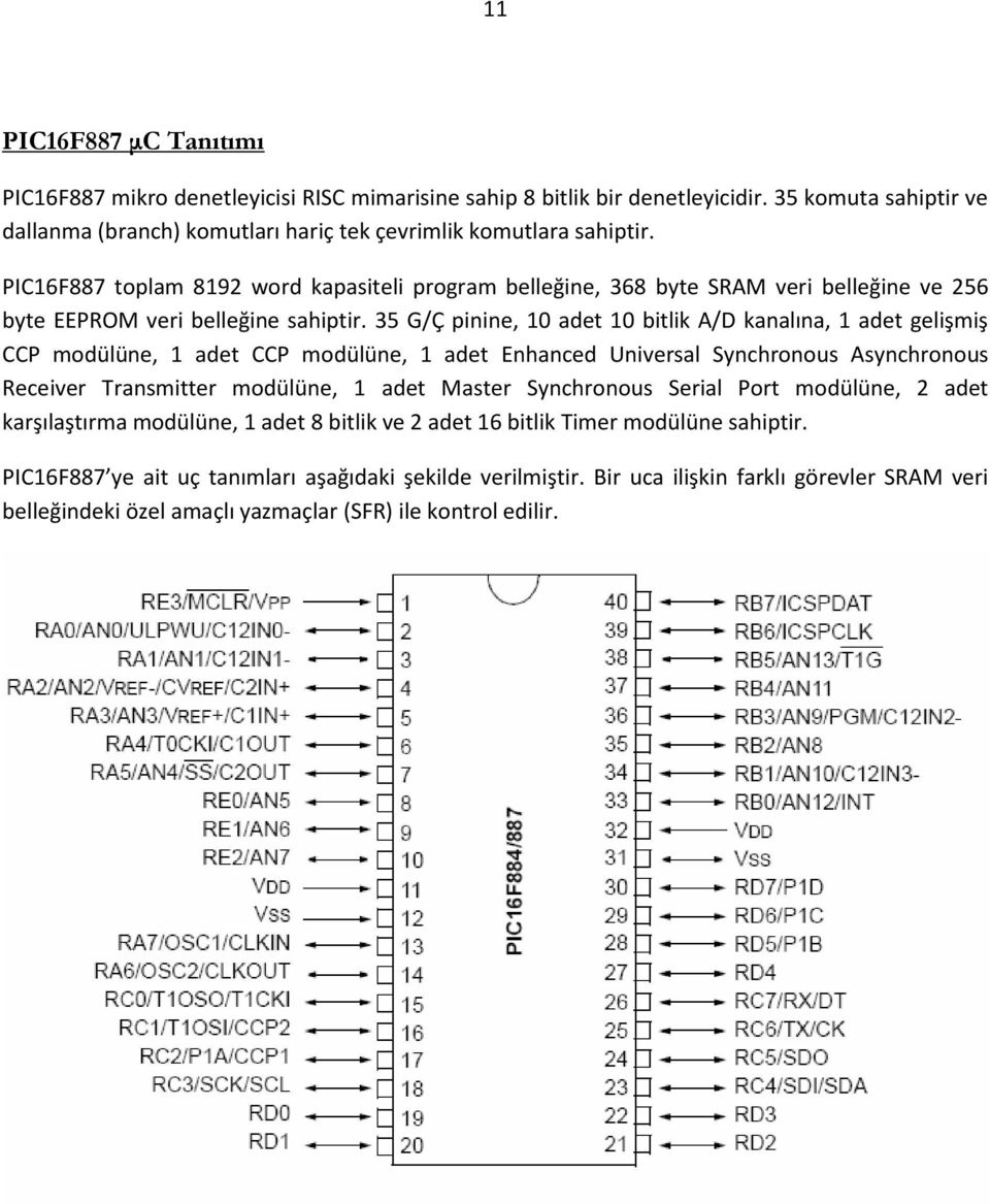 35 G/Ç pinine, 10 adet 10 bitlik A/D kanalına, 1 adet gelişmiş CCP modülüne, 1 adet CCP modülüne, 1 adet Enhanced Universal Synchronous Asynchronous Receiver Transmitter modülüne, 1 adet Master