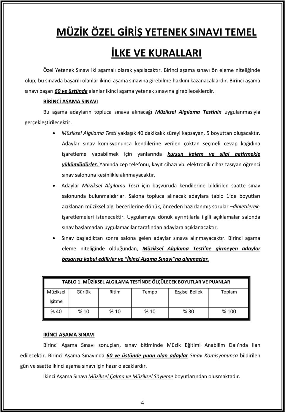 Birinci aşama sınavı başarı 60 ve üstünde alanlar ikinci aşama yetenek sınavına girebileceklerdir.