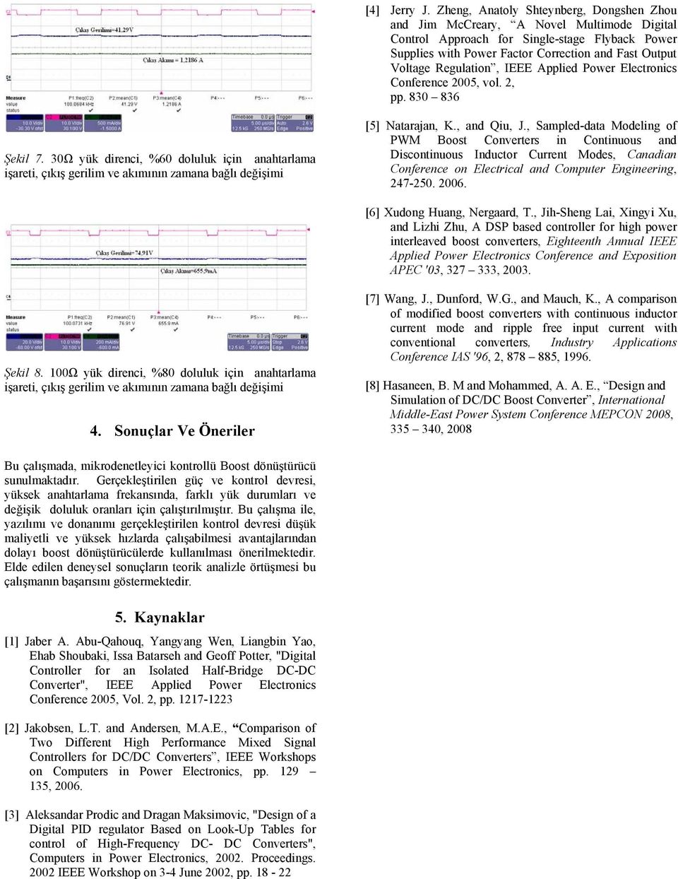Regulation, IEEE Applied Power Electronics Conference 2005, vol. 2, pp. 830 836 Şekil 7. 30Ω yük direnci, %60 doluluk için anahtarlama [5] Natarajan, K., and Qiu, J.