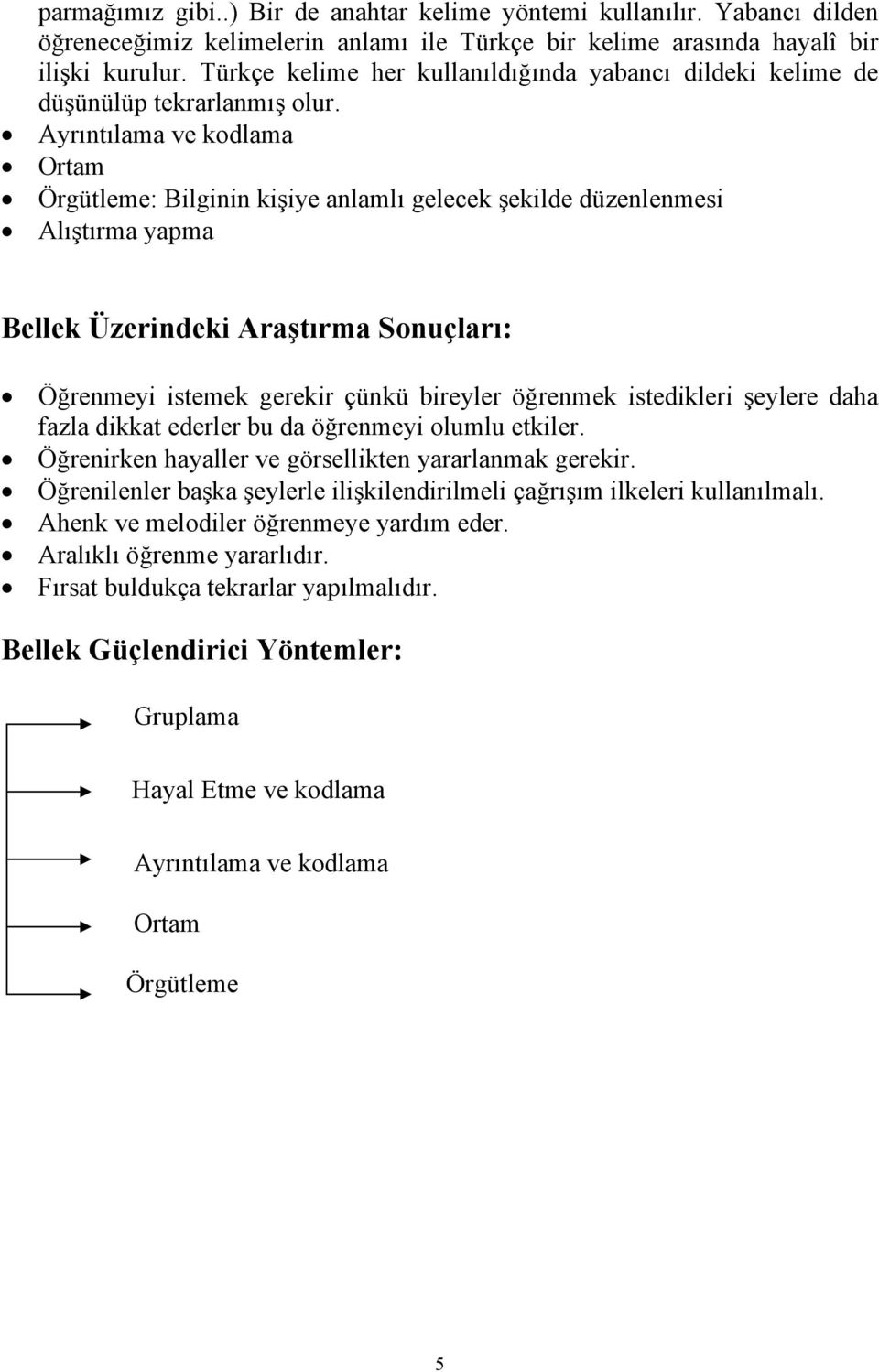 Ayrıntılama ve kodlama Ortam Örgütleme: Bilginin kişiye anlamlı gelecek şekilde düzenlenmesi Alıştırma yapma Bellek Üzerindeki Araştırma Sonuçları: Öğrenmeyi istemek gerekir çünkü bireyler öğrenmek